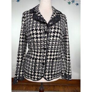 Vintage Stizzoli Black & White Houndstooth Sweater Blazer With Floral Appliqué S